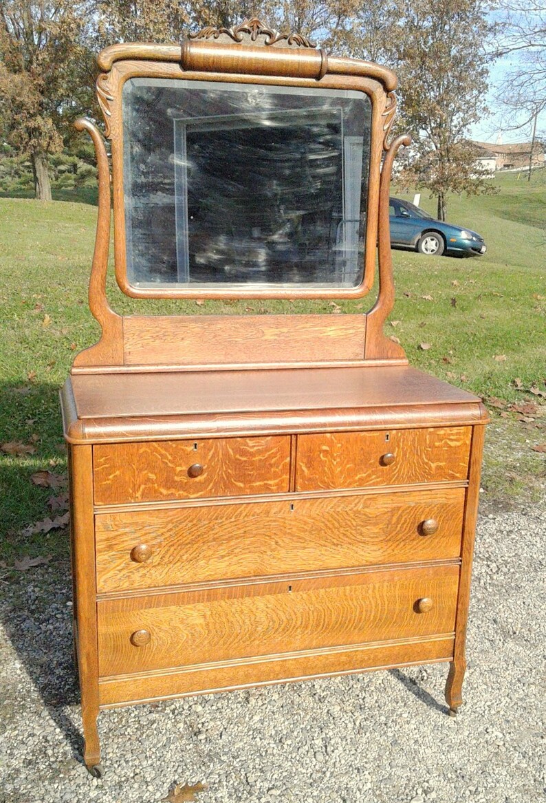 Tiger Oak Dresser With Swivel Beveled Mirror Applied Carvings Etsy