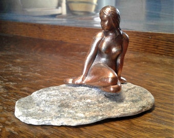 Vintage Little Mermaid Bronze Sculpture on Rock Denmark 1970s Souvenir