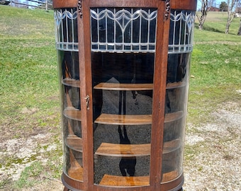 Antique Quartersawn Oak Leaded Curved Glass China Cabinet with Claw Feet 1920s