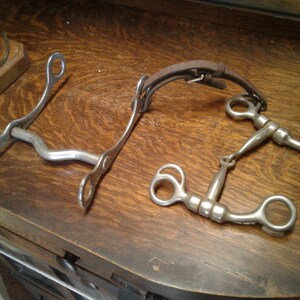 May include: Two metal horse bits with a brown leather strap, resting on a wooden surface. One bit has a curved mouthpiece, while the other has a straight bar with a jointed center. The bits are silver-colored.