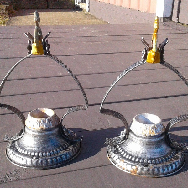 Pair Antique Gothic Ceiling Light Fixtures with Porcelain Bulb Sockets and Mount