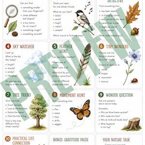 Könnte beinhalten: Ein druckbares Blatt mit dem Titel Nature Walk Prompt Cards, das zehn nummerierte Aktivitätsfelder mit Illustrationen einer Lupe, eines Vogels, einer Feder, eines Schmetterlings und eines Korbs enthält. Der Text bietet Anregungen zur Erkundung.