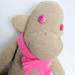 Sock monkey toy. Handmade Christmas sparkly gold sock monkey.  Soft plush toy monkey with pink scarf. Kids present
