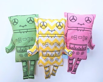 Soft toy robot. Original design. Screen printed plush soft stuffed robot toy. Various colour options: yellow chevron, green and pink spotty.