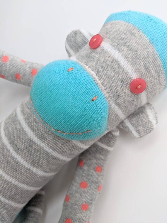 Stripey Socke Affe Handgemachte Grau Turkis Koralle Kinder Etsy