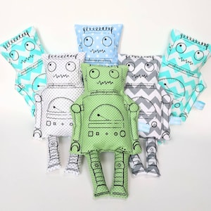 Kids toy robot. Screen printed soft robot toy. Aqua chevron, green spotty and silver spotty versions