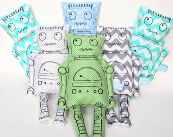 Kids toy robot. Screen printed soft robot toy. Aqua chevron, green spotty and silver spotty versions