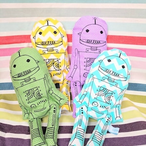 Screen printed toy robot. Original design. Stuffed soft plush toy robots. Various colours. Gender neutral toy