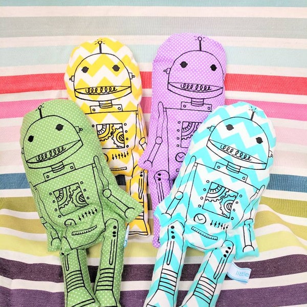 Screen printed toy robot. Original design. Stuffed soft plush toy robots. Various colours. Gender neutral toy