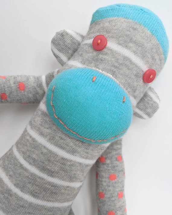 Stripey Socke Affe Handgemachte Grau Turkis Koralle Kinder Etsy