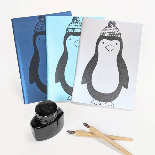 Screen printed winter penguin A5 sketchbook. Plain notebook. Bullet journal.