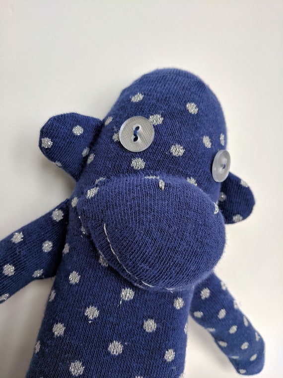 Blue sock monkey. Handmade navy blue and silver sock monkey. Etsy