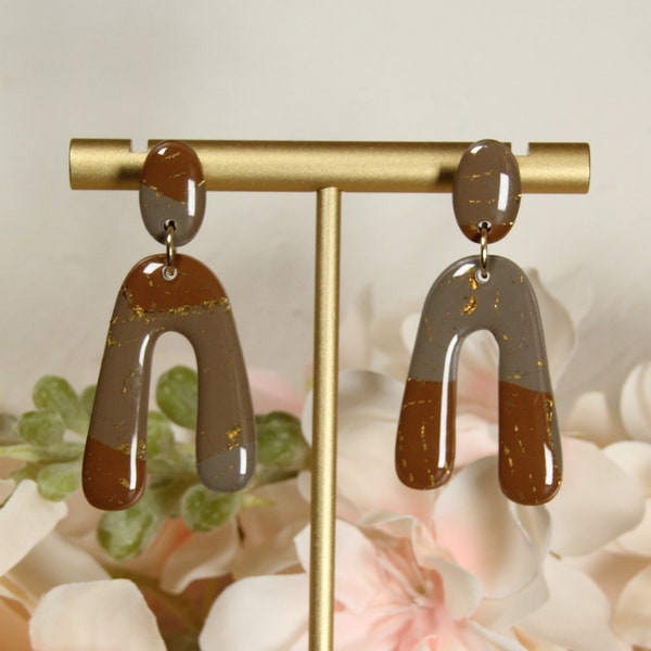 ELLEN // Brown + Gold Dangle Earrings, Long Dangle Earrings, Polymer Clay Earrings