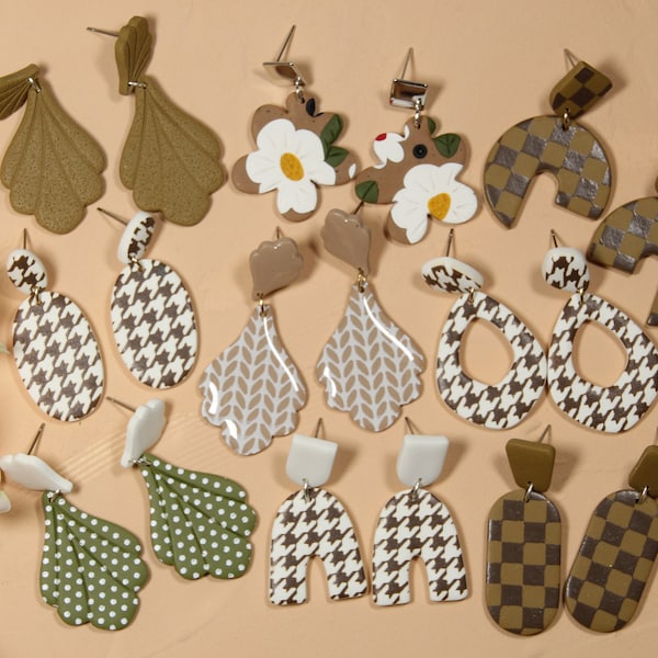 NEUTRAL PATTERNS Collection // Checker Earrings, Houndstooth Earrings, Polymer Clay Earrings, Pattern Earrings, Clay Earrings