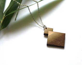 Geometric necklace, wooden jewel, wood pendant, opt art inspiration, modern minimal, metal chain silver color, french jewelry made in France