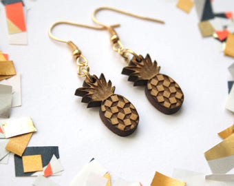 Pineapple earrings, kitsch jewelry, natural wood gold color, brass wooden jewel, graphic fruit earing made in France Paris, unique gift