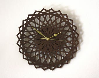 Wall clock in wood, geometric flower, brown color, natural home decor, wooden clock, modern decorative clock, unique gift for nature lovers