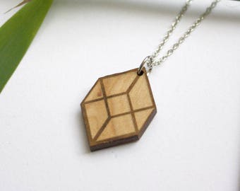 Wooden geometric necklade, man woman necklace unisex, cube lozenge shape engraved, modern minimalist jewel, opt art inspiration