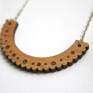 Geometric necklace, point lace pattern, wooden collar, unique jewel, natural wood, metal silver color, original gift for her, made in France image 4