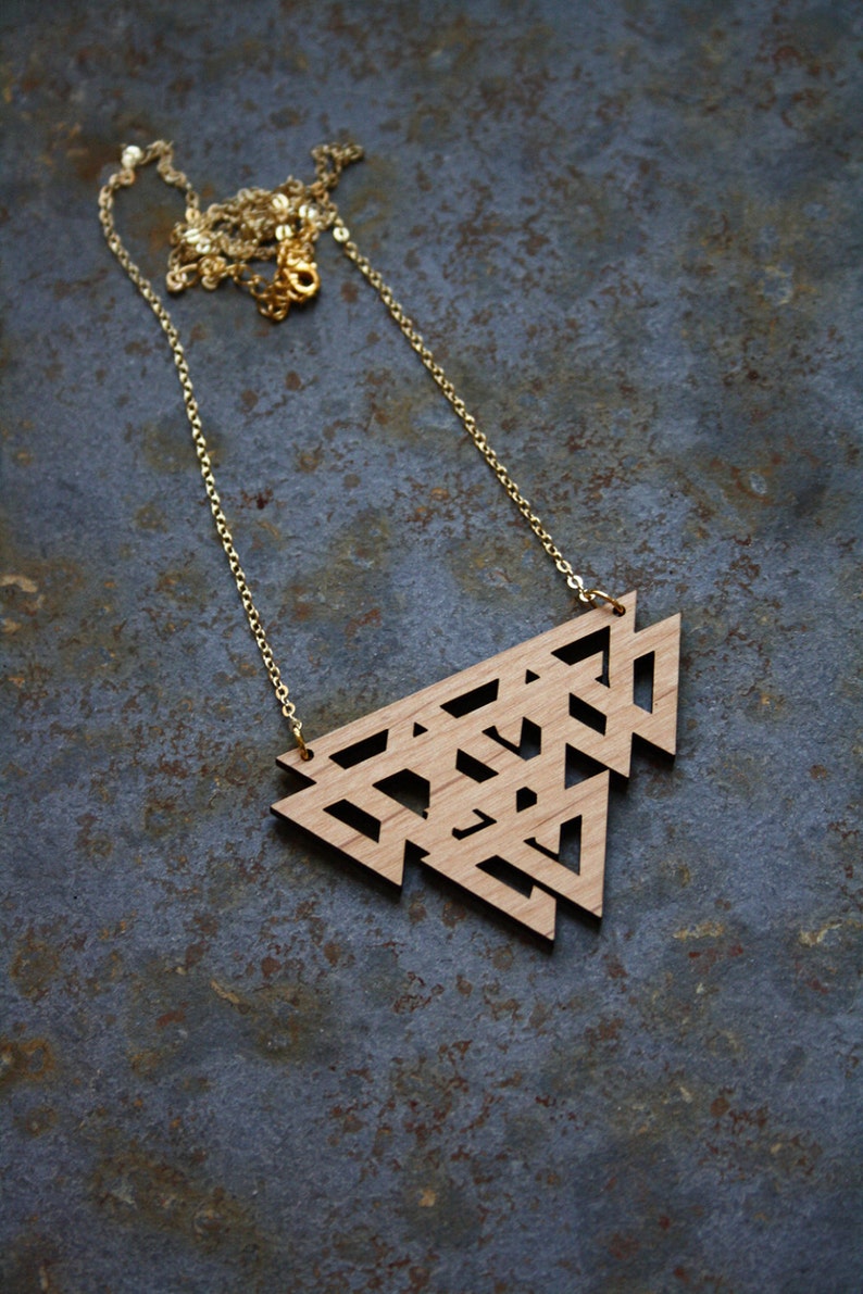 Celtic necklace, wooden geometric jewel, modern minimal, graphic jewelry long chain gold color, perfect present gift woman, made in France image 3