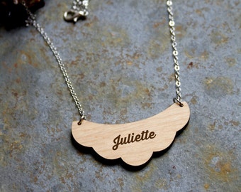 Personalized necklace, wooden jewelry engraved, personalization with your name, custom jewel, unique gift, wood cloud shape, made in France