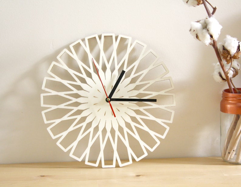 Wooden geometric clock, modern minimal design, poplar wood, Wall Art, original home decor, unique and natural gift, round shape 11 inch image 1