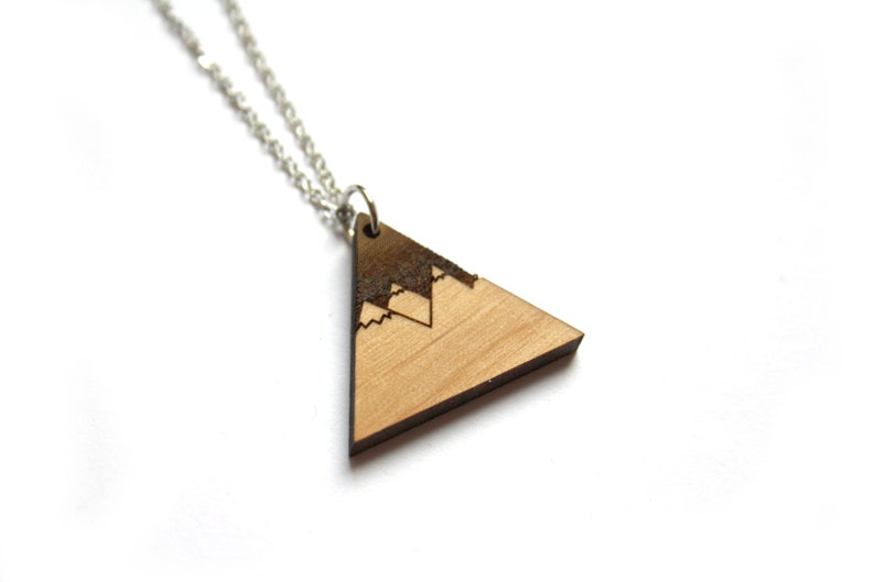 Wood collar with mountain pendant, nature inspiration, landscape, lasercut and laser engraving, triangle shape, chic modern hand made France image 1