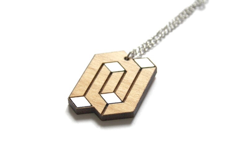 Man or woman necklace, unisex wood pendant, geometric graphic chic minimal jewel, opt art inspiration, unique gift present, made in France image 4