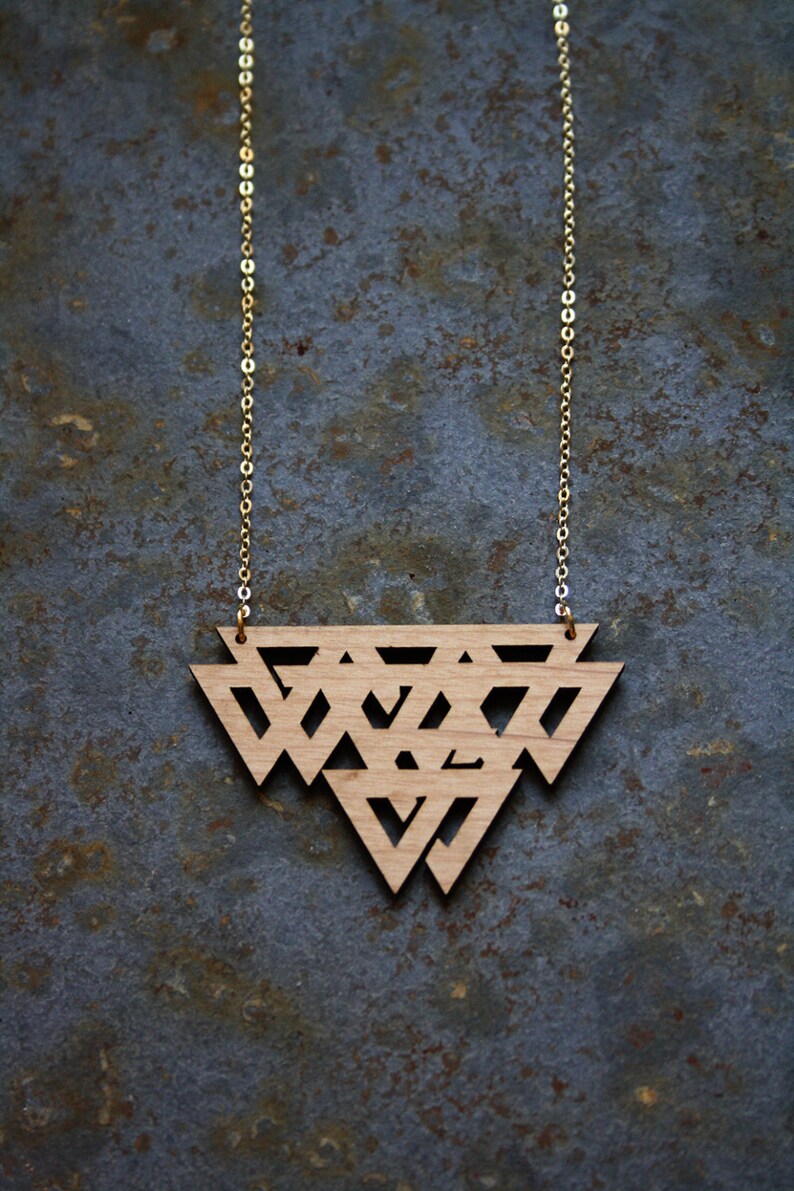 Celtic necklace, wooden geometric jewel, modern minimal, graphic jewelry long chain gold color, perfect present gift woman, made in France image 4