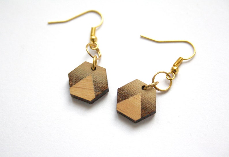triangle pattern wood jewel Geometric earrings hexagon shape minimal modern unique original gift made in France Paris art deco style