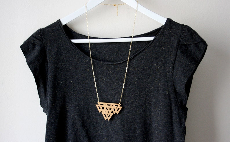 Celtic necklace, wooden geometric jewel, modern minimal, graphic jewelry long chain gold color, perfect present gift woman, made in France image 2