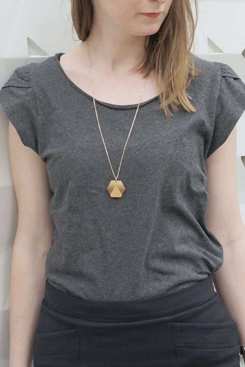 Wood long necklace, geometric jewel, sunset, landscape inspiration, minimalist, minimal collar, brass chain, wooden jewelry, made in France image 1
