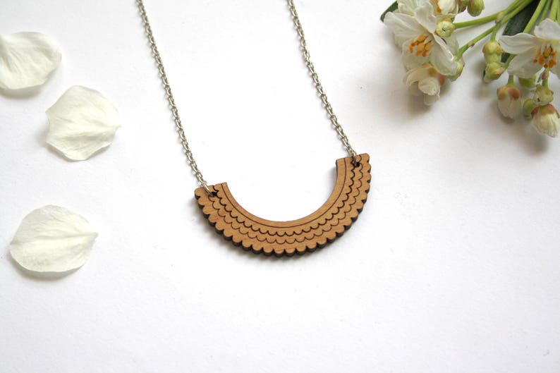 Wood necklace, Peter Pan collar inspiration, point lace pattern, Original gift, unique wooden necklace, geometric modern minimal jewelry image 4