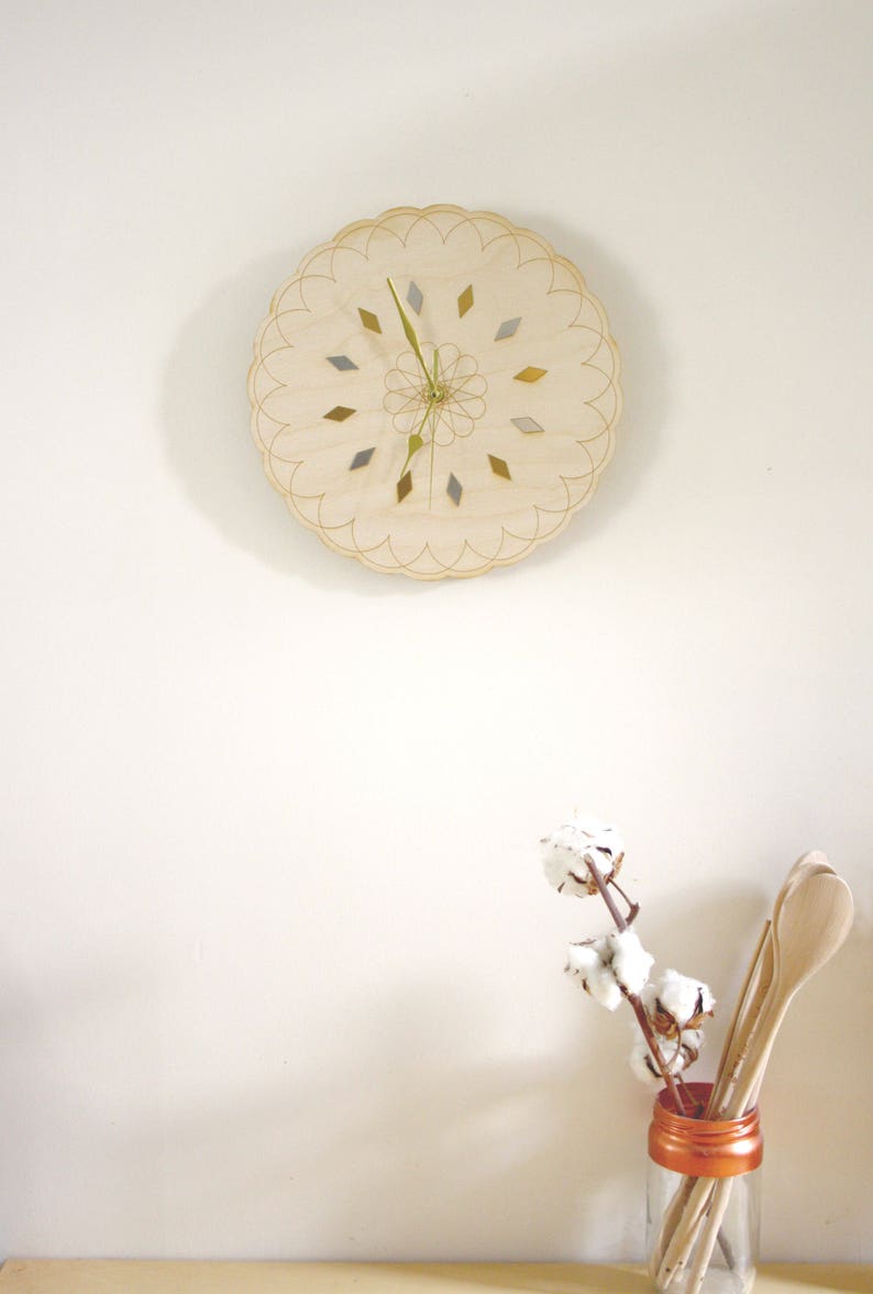 Geometric clock in wood, poetic home decor, modern interior design, Wall Decoration, natural gift, wooden round cloud shape, flower engraved image 5