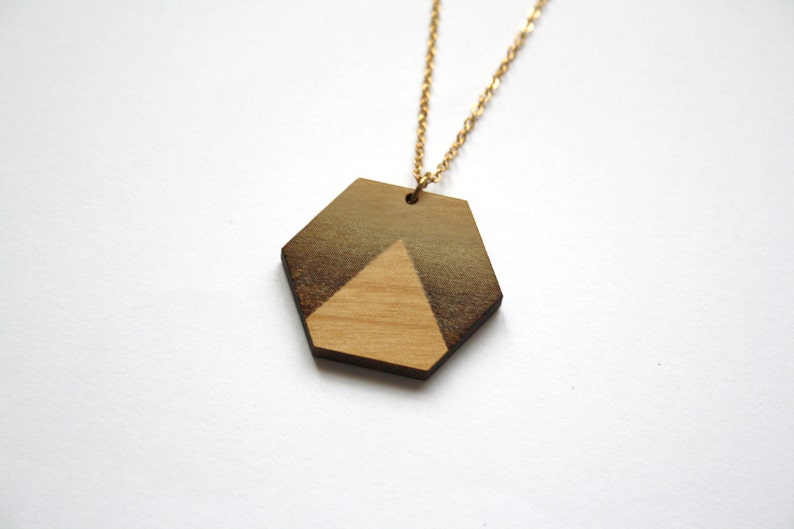 Wood long necklace, geometric jewel, sunset, landscape inspiration, minimalist, minimal collar, brass chain, wooden jewelry, made in France image 3
