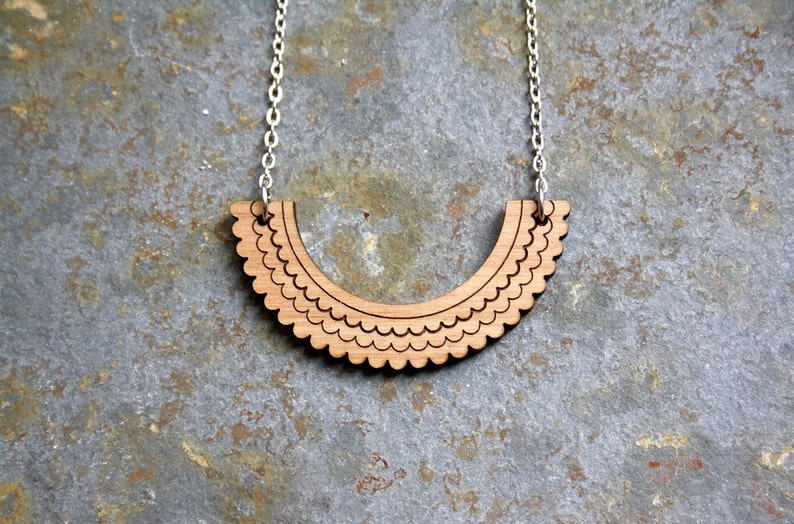 Wood necklace, Peter Pan collar inspiration, point lace pattern, Original gift, unique wooden necklace, geometric modern minimal jewelry image 3