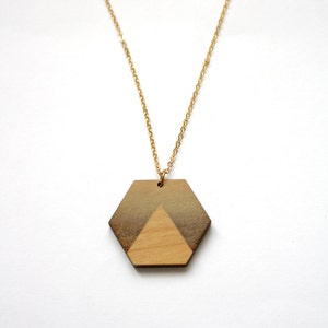 Wood long necklace, geometric jewel, sunset, landscape inspiration, minimalist, minimal collar, brass chain, wooden jewelry, made in France image 2