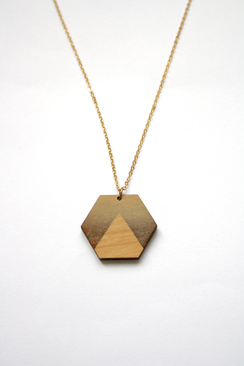 Wood long necklace, geometric jewel, sunset, landscape inspiration, minimalist, minimal collar, brass chain, wooden jewelry, made in France image 2