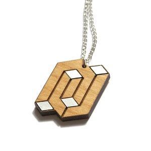 Man or woman necklace, unisex wood pendant, geometric graphic chic minimal jewel, opt art inspiration, unique gift present, made in France image 5