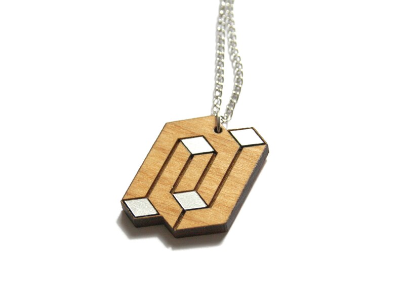 Man or woman necklace, unisex wood pendant, geometric graphic chic minimal jewel, opt art inspiration, unique gift present, made in France image 5