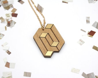 Wooden minimal geometric necklace, opt art inspiration jewelry, graphic elegant modern pendant, gold color, natural wood, made in France