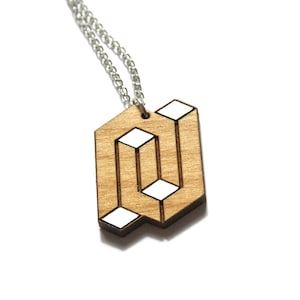 Man or woman necklace, unisex wood pendant, geometric graphic chic minimal jewel, opt art inspiration, unique gift present, made in France image 1