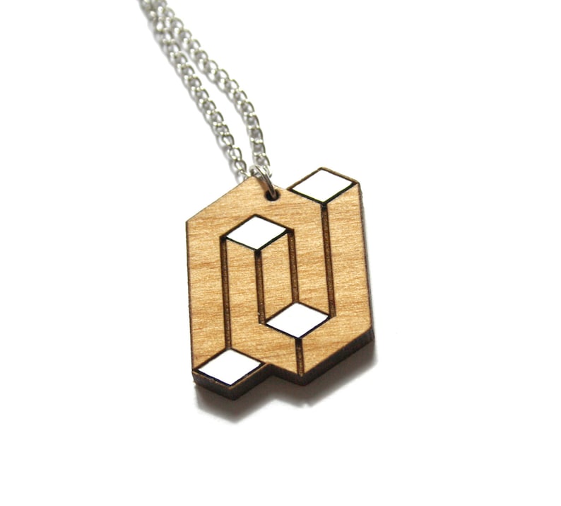 Man or woman necklace, unisex wood pendant, geometric graphic chic minimal jewel, opt art inspiration, unique gift present, made in France image 1