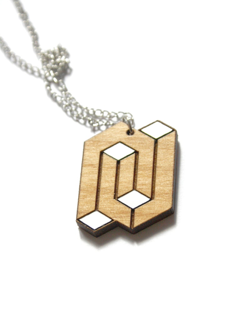 Man or woman necklace, unisex wood pendant, geometric graphic chic minimal jewel, opt art inspiration, unique gift present, made in France image 2