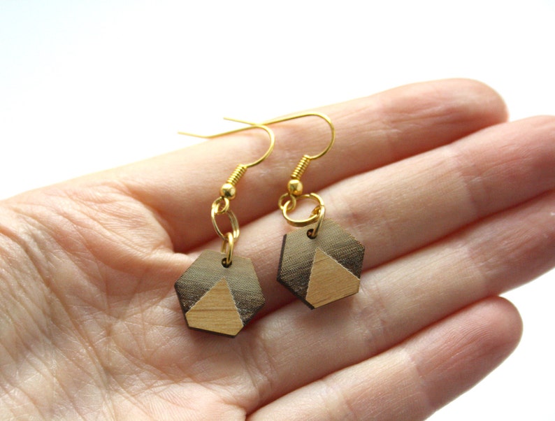 triangle pattern wood jewel Geometric earrings hexagon shape minimal modern unique original gift made in France Paris art deco style