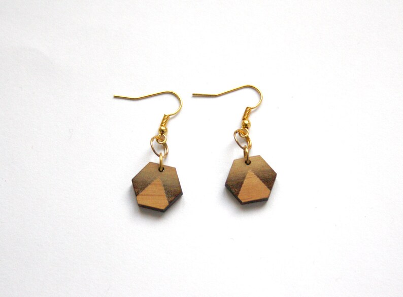 triangle pattern wood jewel Geometric earrings hexagon shape minimal modern unique original gift made in France Paris art deco style
