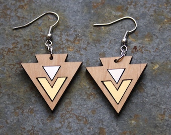 Geometric earrings, art deco inspiration, triangle and chevron inlays, silver gold color, minimal jewelry, wooden jewel made in France Paris