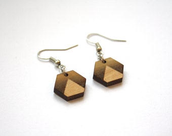 Contemporary jewel, wood earrings, hexagon shape with triangle pattern, geometric chic, minimalist, minimal, modern design, art deco style