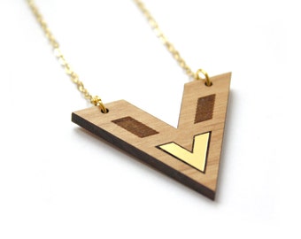 Geometric necklace, wooden jewel, gold color chevron, modern minimal contemporary jewelry, woman jewellery, trendy design, made in France