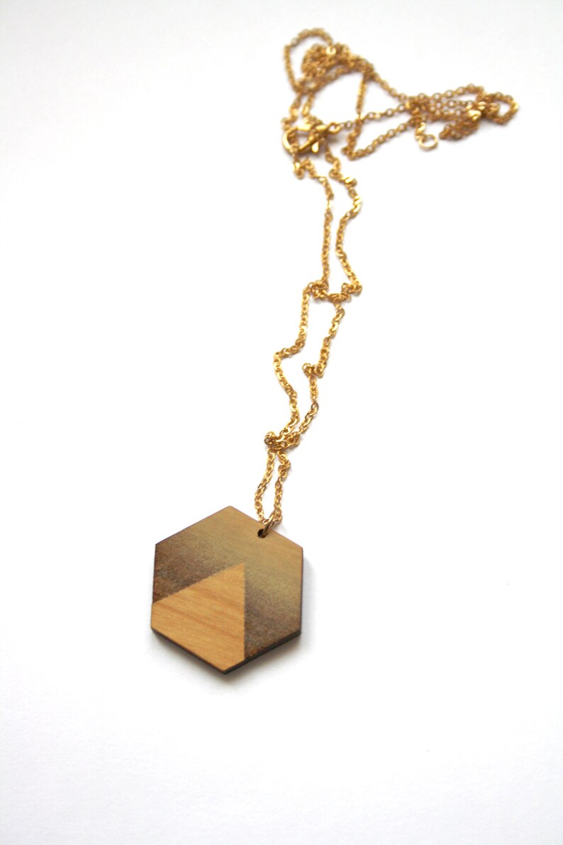 Wood long necklace, geometric jewel, sunset, landscape inspiration, minimalist, minimal collar, brass chain, wooden jewelry, made in France image 5